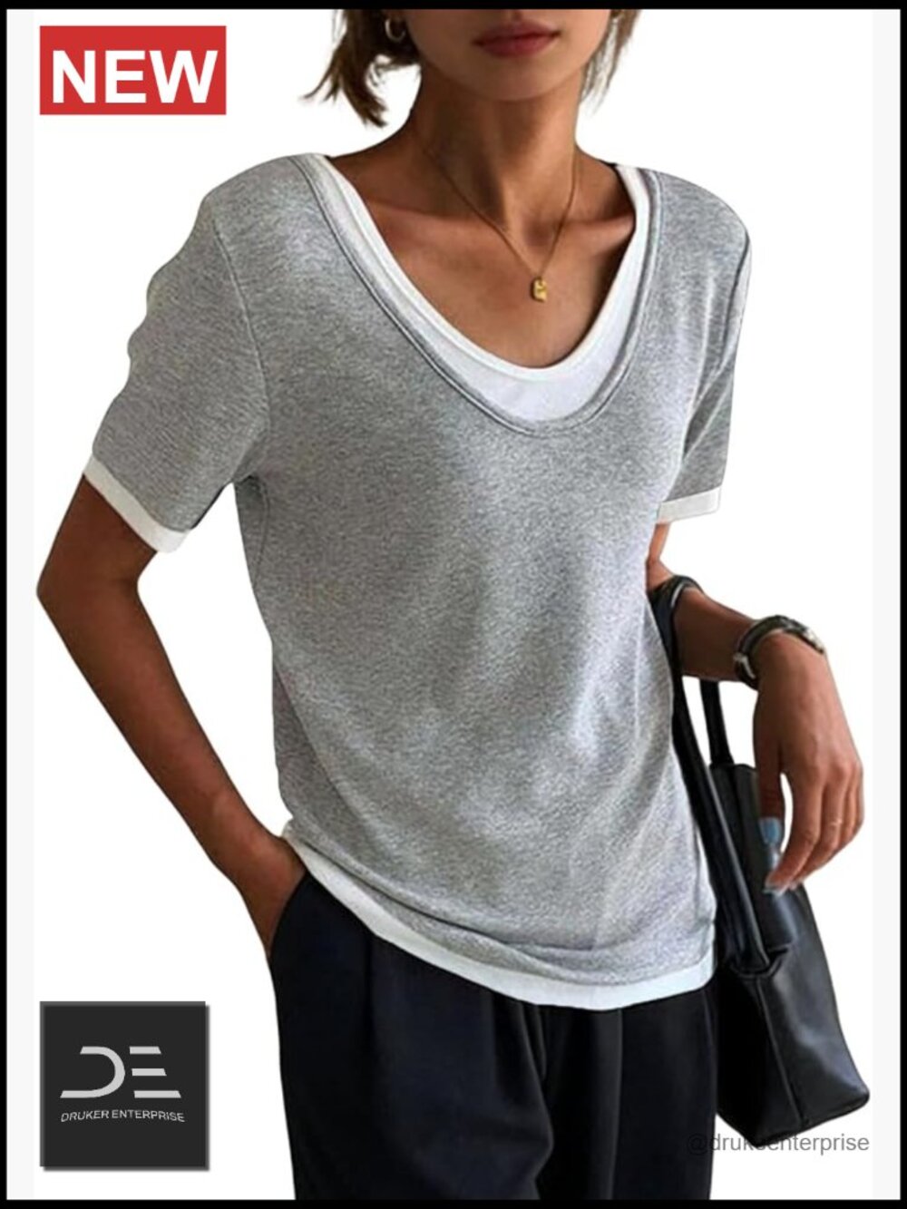 Twofer Layered Deep V Neck Short Sleeve T Shirts Basic Tees